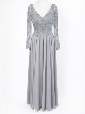 Mori Lee Grey Sequin Formal Gown Long Sleeve Elegant Dress